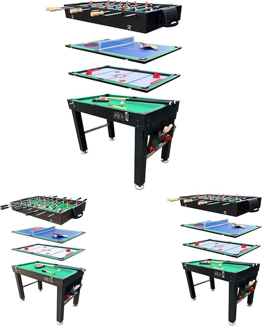 KICK Quad 48″ 4-in-1 Multi Game Table - Combo Game Table Set - Foosball, Billiards/Pool, Glide Hockey and Table Tennis for Home, Game Room, Friends and Family!