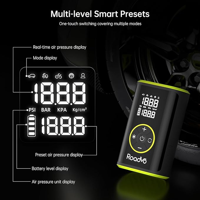 Roadvo Tire Inflator Portable Air Compressor-3X Fast 150 PSI Cordless Air Pump with Digital Tire Pressure Gauge,Auto Shutoff & LCD Display,Portable Bike Pump for Car Tires,Ebike,Motorcycle,Balls