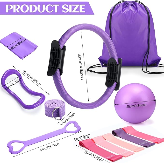 Set of 18 Pilates Ring Essential Kit for Women Pilates Ring and Ball Ankle Resistance Band Yoga Strap Socks Mat Arm Stretcher Latex Tube Gym Back Bag Exercise Equipment for Workout
