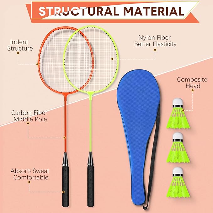 12 Pack Badminton Rackets Set Including Rackets, Nylon Shuttlecocks and Carry Bag for Outdoor Backyard Games Beginners
