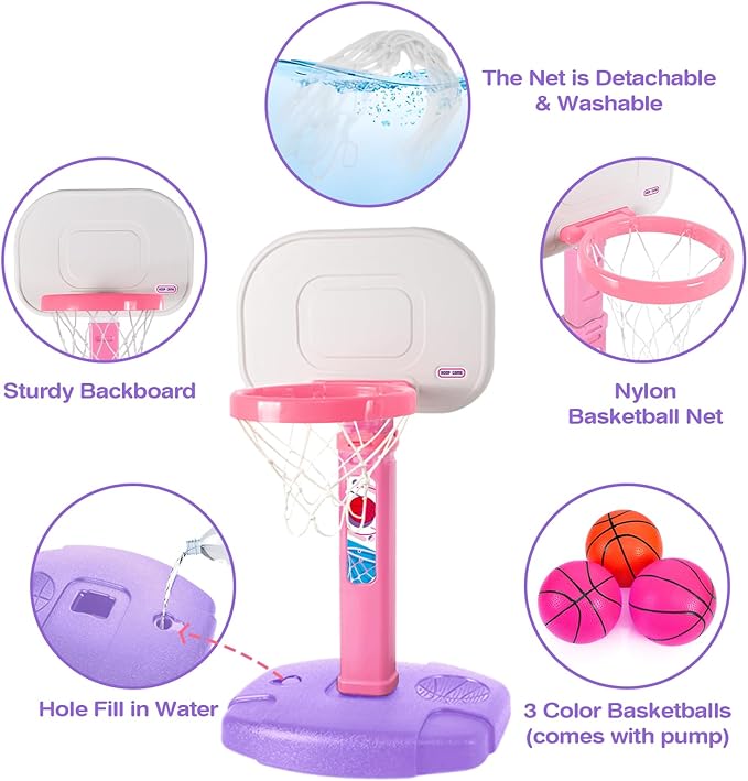 AOKESI Toddler Pink Basketball Hoop Indoor Outdoor Age 1-3, Adjustable Kids Mini Basketball Hoop Outside, Girls Basketball Goal Sport Toys for 1 2 3 4 5 Year Old Baby Girl Birthday Gifts