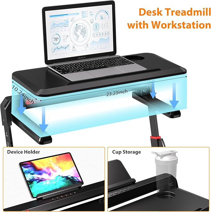 Walking Pad Treadmill with Desk Workstation, 3.0HP Under Desk Treadmills with 8% Incline Handle Bar, Foldable Portable Treadmill for Home Office, 300lbs Capacity, Remote Control, APP