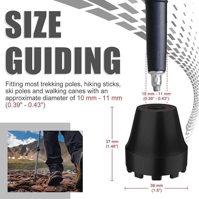 supregear Replacement Rubber Tips for Trekking Poles and Walking Sticks, Anti-Slip Shock-Absorbing Black Feet Caps, Universal Fits 11 mm Standard Hiking Canes and Collapsible Walkers
