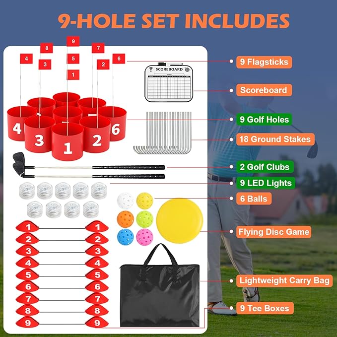 FOOING Golf Game LED with 2 Clubs, 9 Hole Practice Golf Backyard Game Set for Adults and Family Outdoor Indoor, Plastic Battle Yard Game with Balls and Flag for Lawn, Beach, Camping and Park