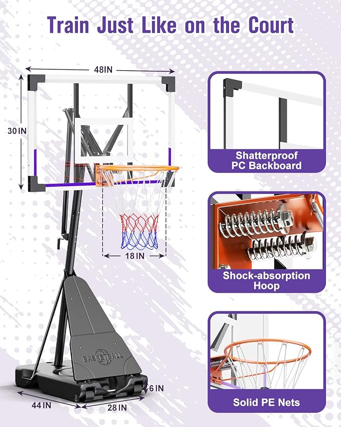 TONBUX Basketball Hoop Outdoor 44/48 Inch Shatterproof PC Backboard, 5.25-10FT Stepless Adjustable Height, Portable Basketball Hoop for Kids/Teens/Adults in Backyard, Driveway and Indoor