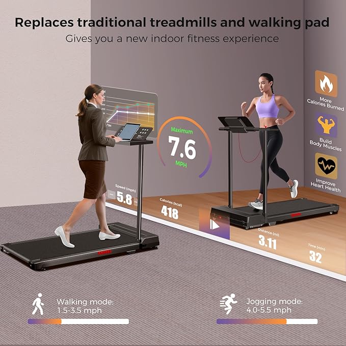 Treadmill for Home, Walking Pad with Handle Bar. 2 in 1 Walking Pad Treadmill 300+ lb Capacity, Compact Treadmills with Desk Workstation for Small Spaces. 3.0HP Portable Running Machine for Home Small