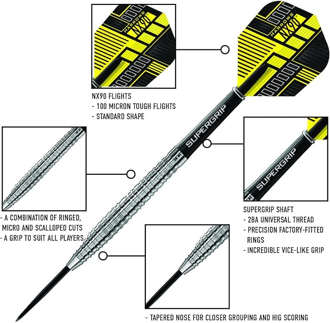 Harrows NX90 Darts, 90% Tungsten Steel Tip Darts Set, Includes High-Grade Shafts, Aerodynamic Dart Flights, Available in Sizes 21g, 22g, 23g, 24g, 25g & 26g