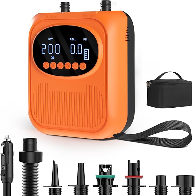 20PSI Electric Paddle Board Pump, Smart Rechargeable SUP Pump with DC 12V Car Connector, Inflation and Deflation Air Pump with Auto-Off for SUP, Kayaks, Tents, Air Mattress, Pool Floats, Inflatables