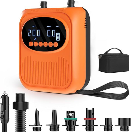 20PSI Electric Paddle Board Pump, Smart Rechargeable SUP Pump with DC 12V Car Connector, Inflation and Deflation Air Pump with Auto-Off for SUP, Kayaks, Tents, Air Mattress, Pool Floats, Inflatables