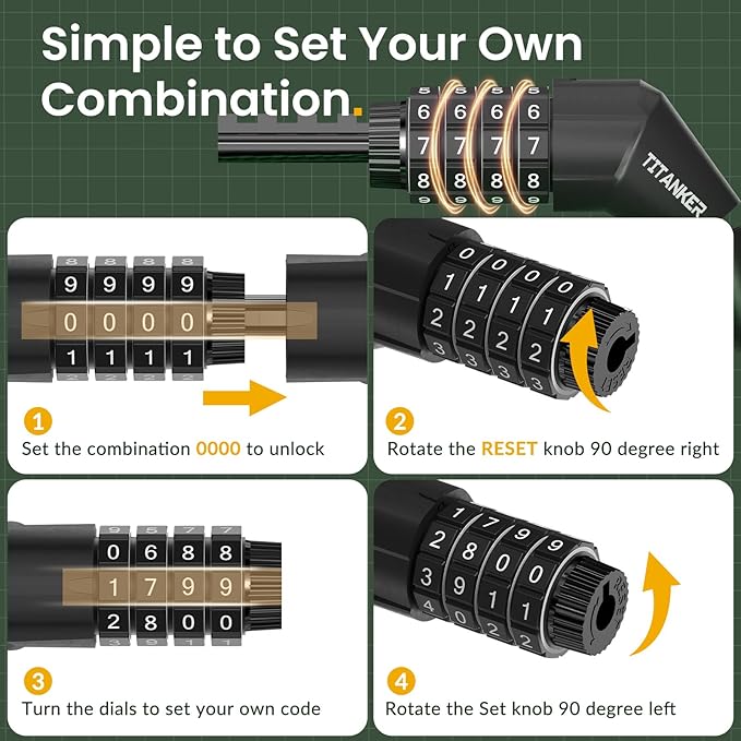 Titanker Bike Lock Cable, 4 Feet Bike Cable Lock Basic Self Coiling Kids Bike Lock Combination with Complimentary Mounting Bracket, 5/16 Inch Diameter (4FT, Green-8mm)