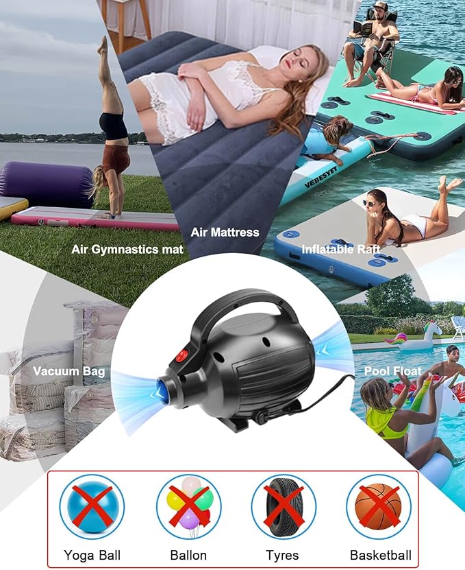 Electric Air Pumps for Inflatables Air Mattress Gymnastics Track Mat Quick Fill Inflator/Deflator for Pool Floats Dock Raft,4 Nozzles, 110-120V AC (400W)