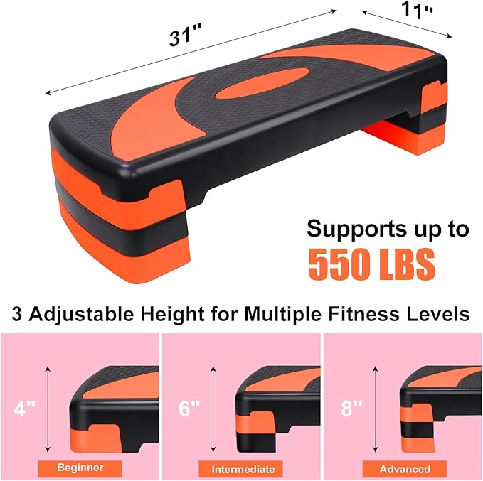 Exercise Workout Aerobic Step Platform Trainer, 31" Aerobic Stepper with 4"-6"-8" Adjustable Height Risers