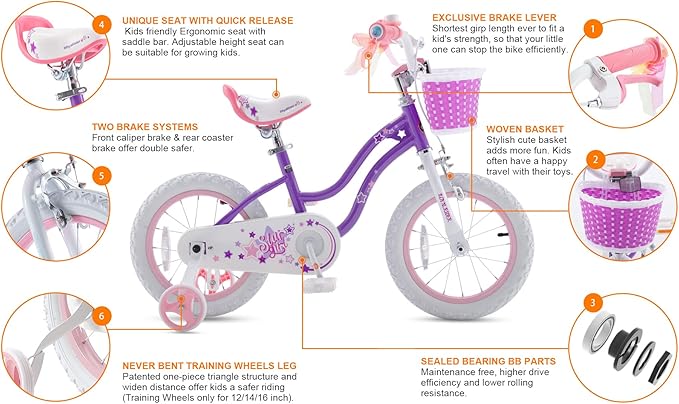 RoyalBaby Girls Bike EZ Bike Stargirl Training Free Balance to Pedal Easy Learning Bicycle, 12-20 Inch for Toddlers & Big Kids.
