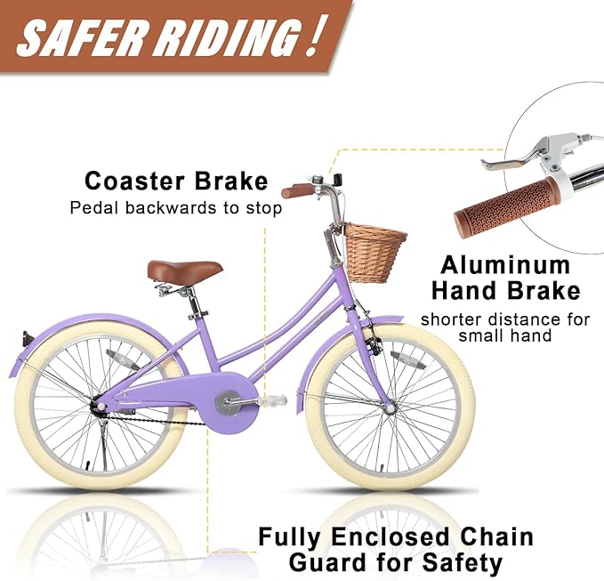 Glerc Little Molly 12-20 Inch Kids Retro Cruiser Bike for 2-13 Year Old with Wicker Basket & Training Wheels/Kickstand, Multiple Colors