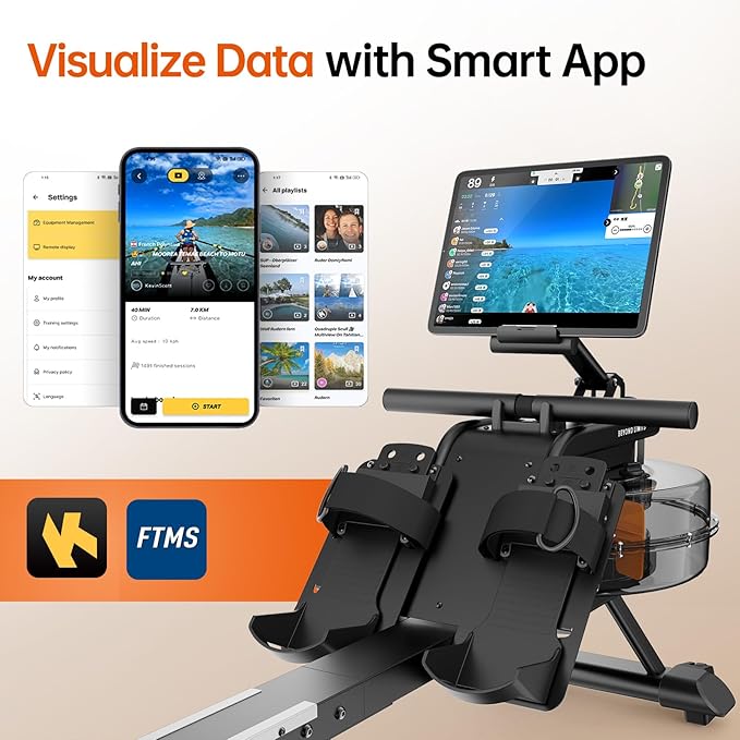 YAMO Water Rowing Machine for Home, Row Machine with 330LB Weight Capacity, Support Bluetooth & Compatible with Apps, Water Row Machine with Comfortable Seat and Tablet Holder