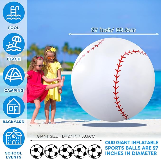 Lewtemi Giant Inflatable Sports Balls Large Inflatable Beach Ball Baseballs Soccer Rainbow Basketball Football for Sport Birthday Party Favor(2 Pcs,Baseball, Volleyball,27 Inch)