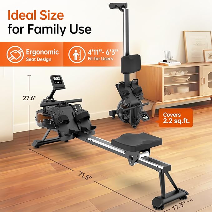 YAMO Water Rowing Machine for Home, Row Machine with 330LB Weight Capacity, Support Bluetooth & Compatible with Apps, Water Row Machine with Comfortable Seat and Tablet Holder