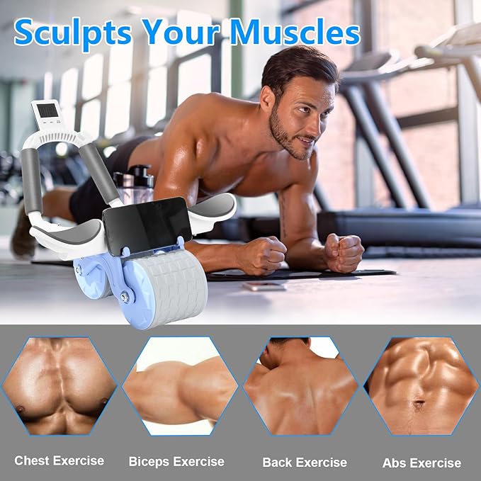 Bersauji 2025 New Ab Roller Wheel with Knee Mat &Timer, Automatic Rebound Abdominal Wheel, Ab Abdominal Exercise Roller with Elbow Support, Abs Workout Equipment Ab Exercise Roller for Women Men.