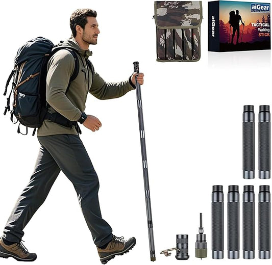 aiGear Survive Walking Hiking Stick - Outdoor Survival Hiking Staff Multitool Gear Adjustable Trekking Poles for Survival Camping Hiking