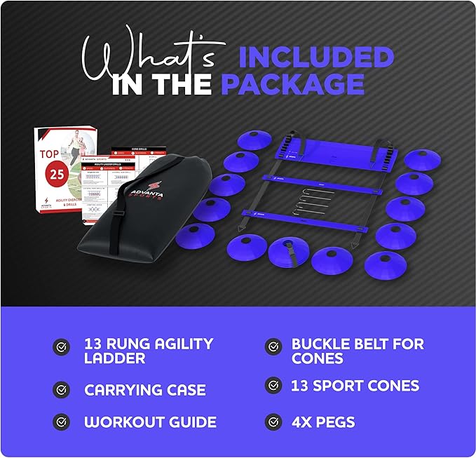 DELUXE EDITION Agility Ladder Training Set - 13 Rung 21ft Agility Ladder w/13 Disc Cones, Carry Bag - Improve Speed & Strength Soccer, Football, Basketball w/4 Steel Pegs for Outdoor Workout Charts