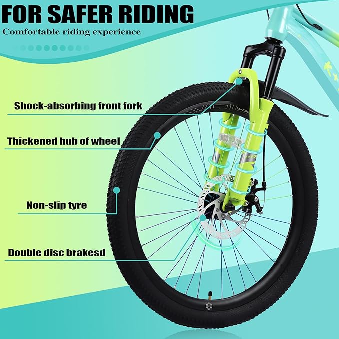 20 24 Inch Kids' Mountain Bike, Front Suspension Fork Kids' Bicycles for Boys Girls, Single Speed Bikes for Girls Boys Ages 8-12, Front and Rear Disc Brakes, Adjustable Seat Height