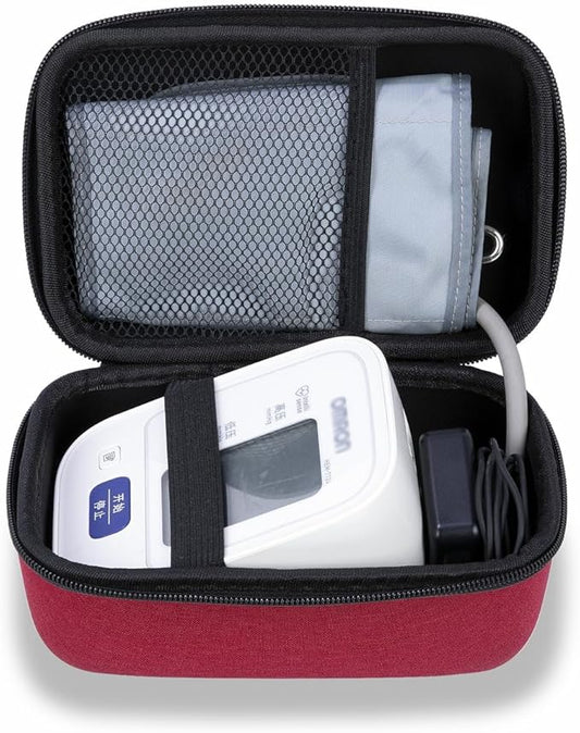 Ginsco Compact Hard Shell Case for Blood Pressure Monitor, Compatible with Omron Bronze/iHealth/Oklar, Portable Carrying Travel Case with Handle, Mesh Pocket for Cuff/Batteries/Charger (Red, M)