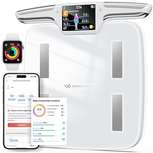 Wonder Core FitSpec Smart Body Fat Scale, Digital Bathroom Scale with 8 Electrodes for Accurate Weight, BMI, Muscle Mass & 55 Points Body Composition Analyzer