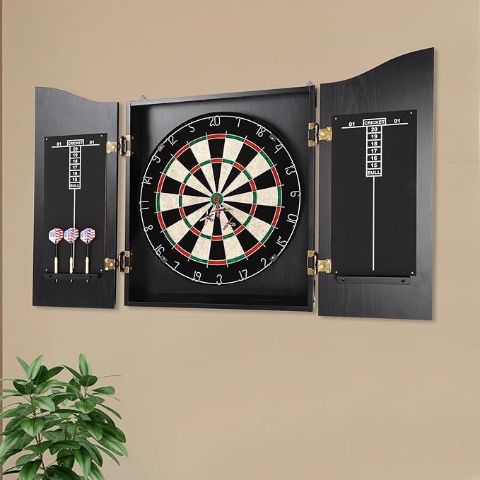 Classic Dart Board Cabinet Set, Wall Mounted Dartboard Cabinet Game Set with 6 Steel Tip Darts and Scoreboards for Adults Home Bar Office