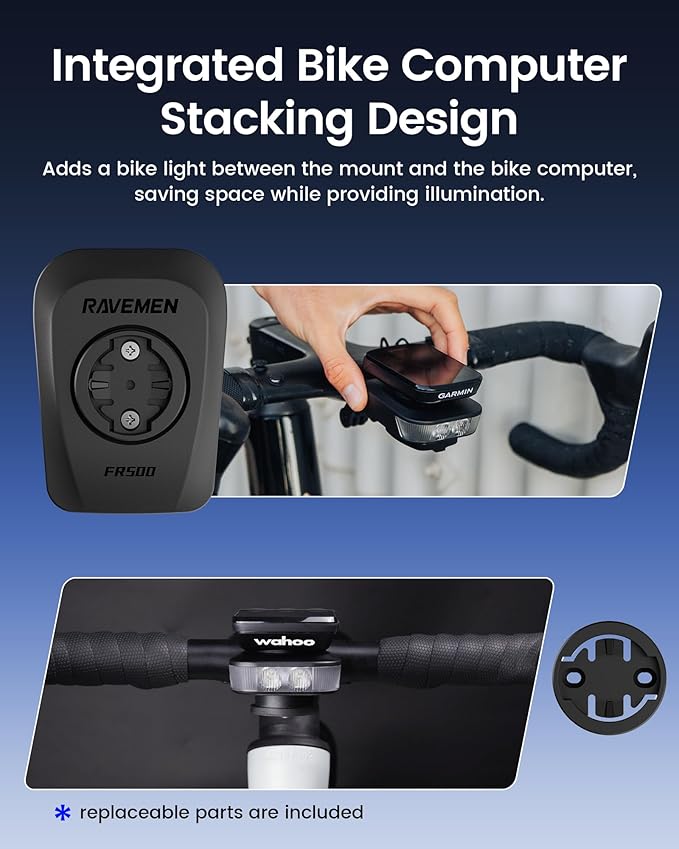 RAVEMEN FR500 Bike Front Light for Night Daytime Riding, Compatible with Garmin/Wahoo Computers, 6 Modes, Auto On/Off, Side Visible, USB-C Rechargeable & Output Bicycle Headlight for Road Urban Biking