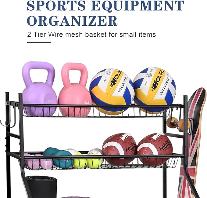 Garage Sports Equipment Organizer, Large Capacity Garage Organizer System with Wheels, with Hooks and Baskets, for Ball Storage,Football,Soccer Ball,Bat, Toys