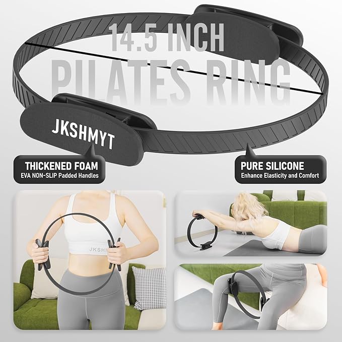 JKSHMYT Pilates Ring-14.5" Home Pilates kit with Padded Handles, Mini Ball, Resistance Bands, Guide & Bag, Better me Pilates Essentials Circle Set for Workouts Women