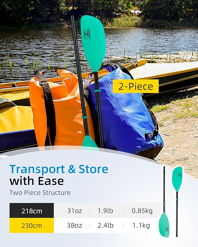 OCEANBROAD Kayak Paddle 86in/218cm, 90.5in/230cm Alloy Shaft 2-Piece Floatable Kayak Oar for Kayaking Canoeing Boating