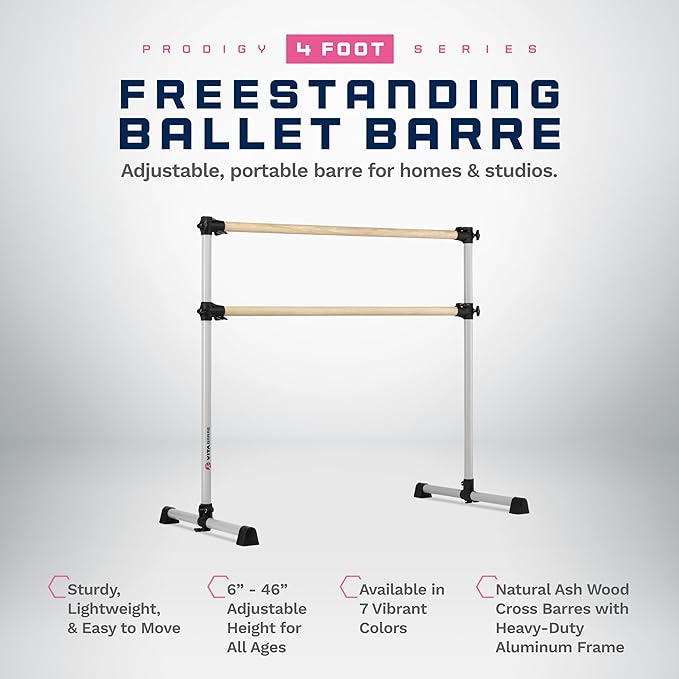 VITA Barre Portable Freestanding Double Ballet Barre, Prodigy, Wood | Adjustable Height, USA Made, Home or Gym Exercise Equipment for Kids & Adults | Dance, Fitness, Pilates