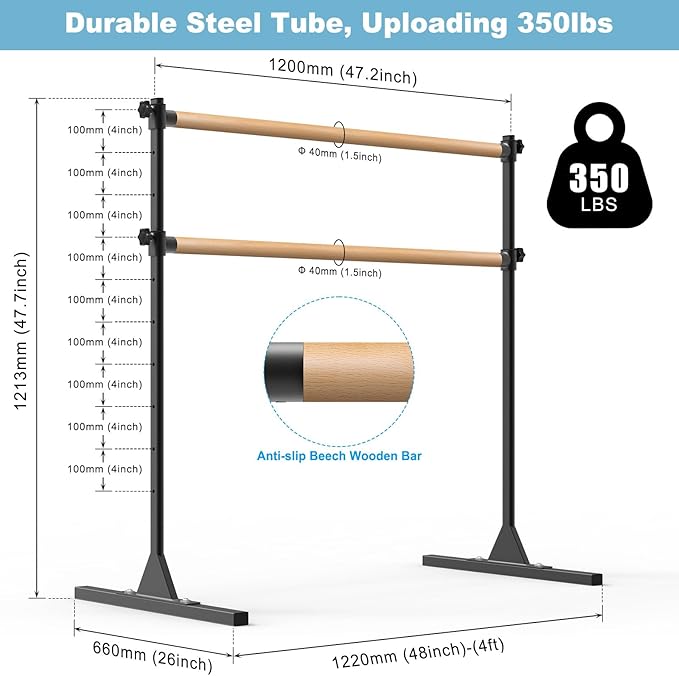 4FT/5FT/6FT Height Adjustable Freestanding Ballet Barre with Fabric Sleeve Portable Double Ballet Bar 350 lbs Capacity Heavy Duty Dance Barre for Home Workout, Stretch