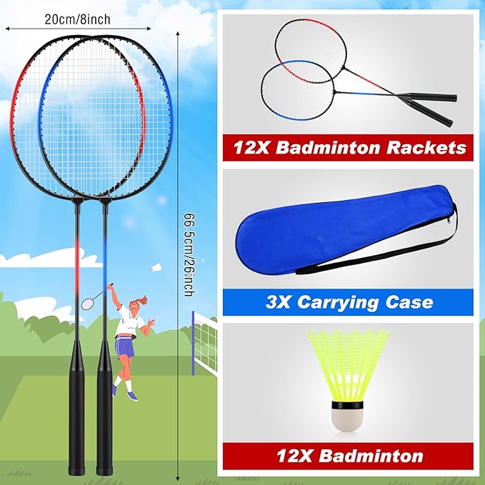 12 Pack Badminton Rackets Set Including Rackets, Nylon Shuttlecocks and Carry Bag for Outdoor Backyard Games Beginners