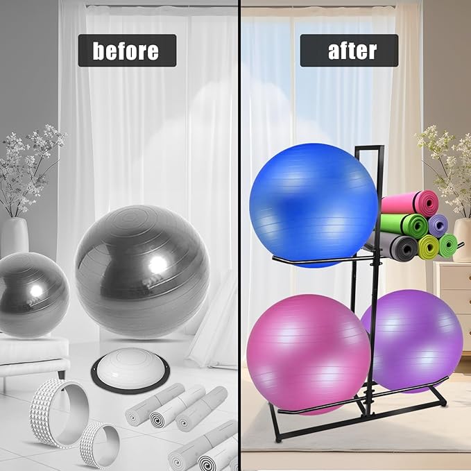 Exercise Ball Holder,Stability Ball Rack, Exercise Ball and Balance Ball Storage Racks Suitable for Yoga Ball Stability Ball Yoga Mats Home and Commercial Gym ﻿