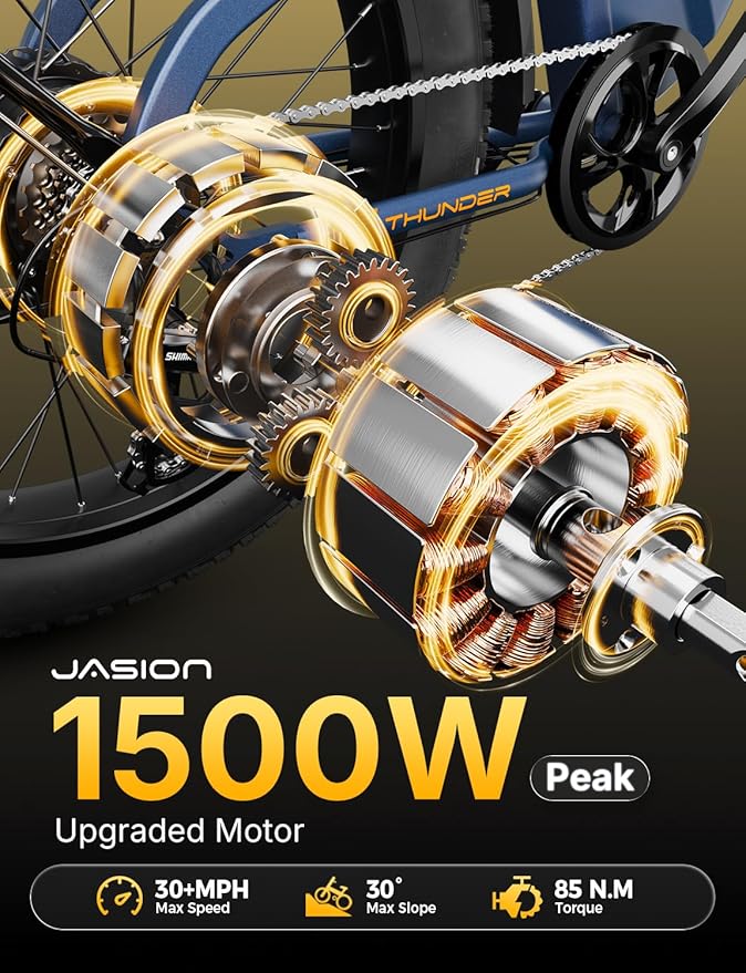 Jasion Thunder Electric Bike, 1500W Peak Motor, 30+MPH Max Speed & 80 Miles with 486Wh Removable Battery, APP Control Ebike for Adults, Hydraulic Brakes, Front Suspension, 26'' x 4'' Fat Tire Bicycles