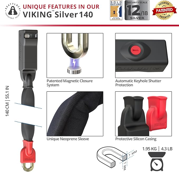 Seatylock Viking Bike Chain Lock with Key - Magnetic Patented Sold Secure Silver Rated - Heavy Duty Anti Theft - Smart Ultra Security Bicycle Lock (55.1 Inch)