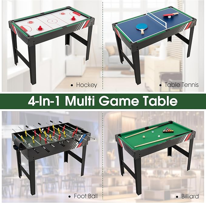 Giantex 4-in-1 Multi Game Table, 49 Inch Combination Game Tables with Adult Size Foosball Table, Slide Hockey Table, Ping Pong Table, Pool Table, Combo Game Table Set for Indoor Home, Game Room