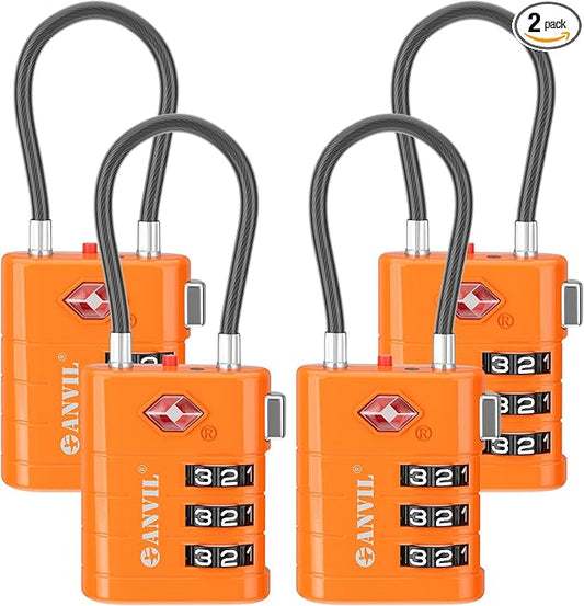 ANVIL TSA Approved Luggage Locks – High Security TSA008 Combination Travel Locks with Inspection Indicator for Suitcases and Backpacks. (4, Orange)
