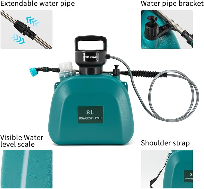 Electric Garden Sprayer, 2Gallon 8L Large Capacity Automatic Spray Bottle,Powerful Continuous Water Spraying, with 3 Rotatable Mist Nozzles and Adjustable Shoulder Strap for Lawn Yard