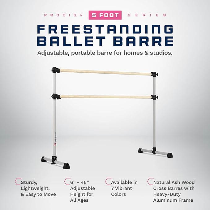 VITA Barre Portable Freestanding Double Ballet Barre, Prodigy, Wood | Adjustable Height, USA Made, Home or Gym Exercise Equipment for Kids & Adults | Dance, Fitness, Pilates