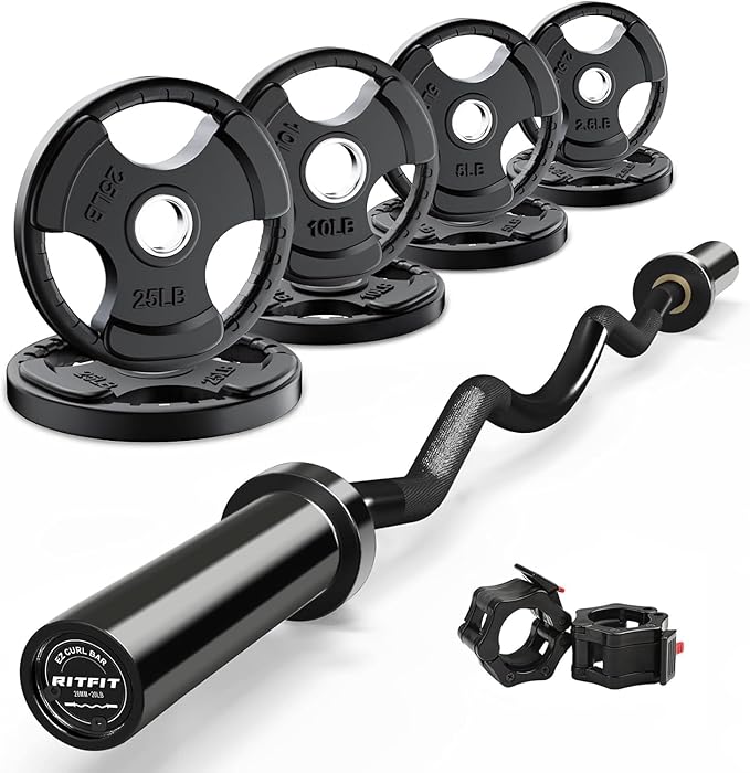 RitFit 2 Inch EZ Curl Bar with Weights, 700LBS Weight Capacity Olympic Curl Barbell for Bicep, Tricep and Weight Lifting Exercises