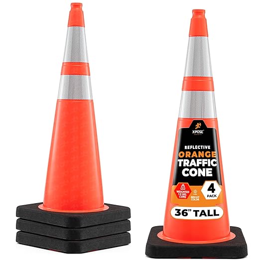 Xpose Safety 36 Inch Orange Traffic Cones Heavy Duty 12lb with 6" & 4" Collars, 4 Pack - Multipurpose PVC Plastic Safety Cone for Parking, Soccer, Caution, Kids and Construction - DOT Approved