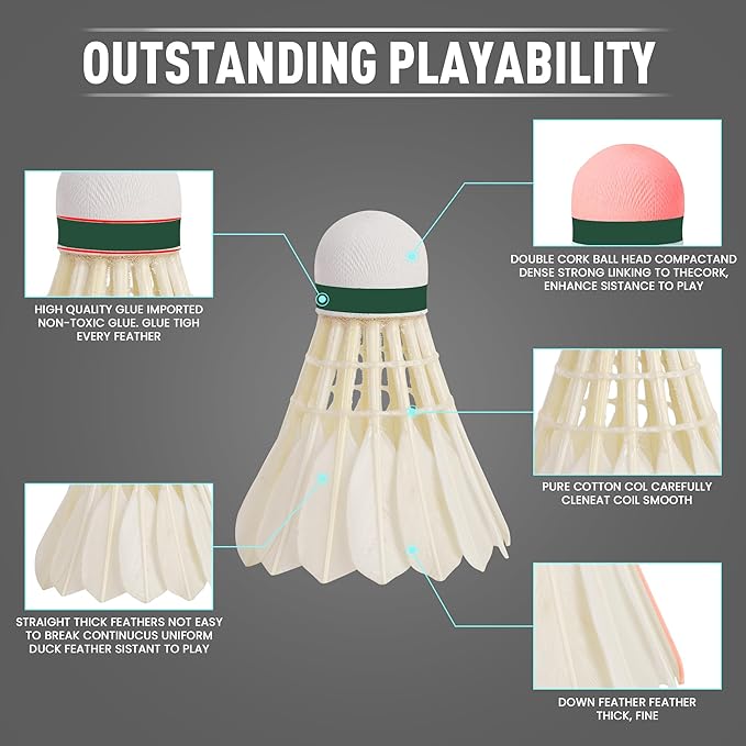 Badminton Shuttlecocks 12-Pack (All Round Feather) Duck Feather with Great Durability Stability and Balance,Suitable for Professional Training Or Family Outdoor Sports (Duck Feather)