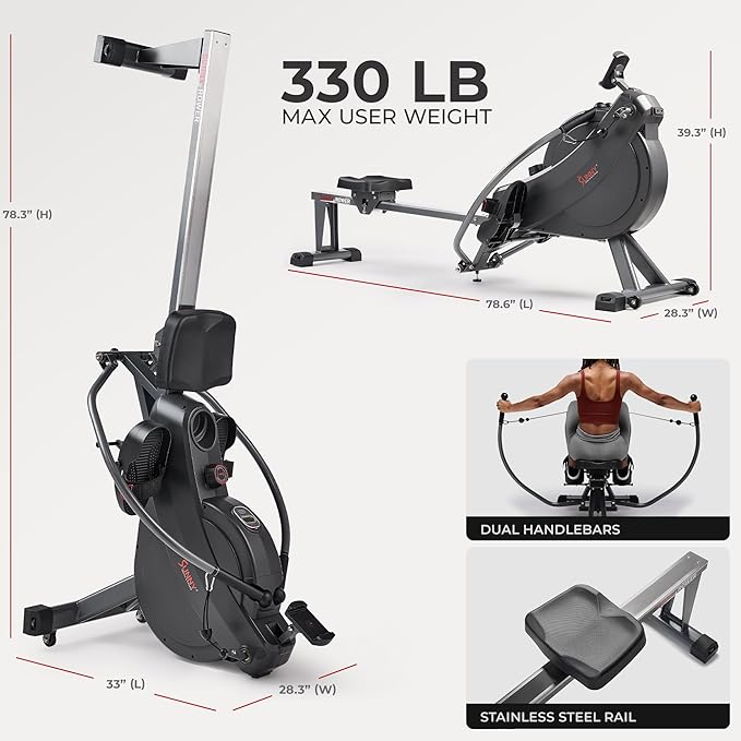 Sunny Health & Fitness Compact Full-Motion Rowing Machine w/Adjustable Resistance, Low-Impact Full-Body Workout Rower w/Long Slide Rail, Space-Saving Design, Optional Free SunnyFit App Connection