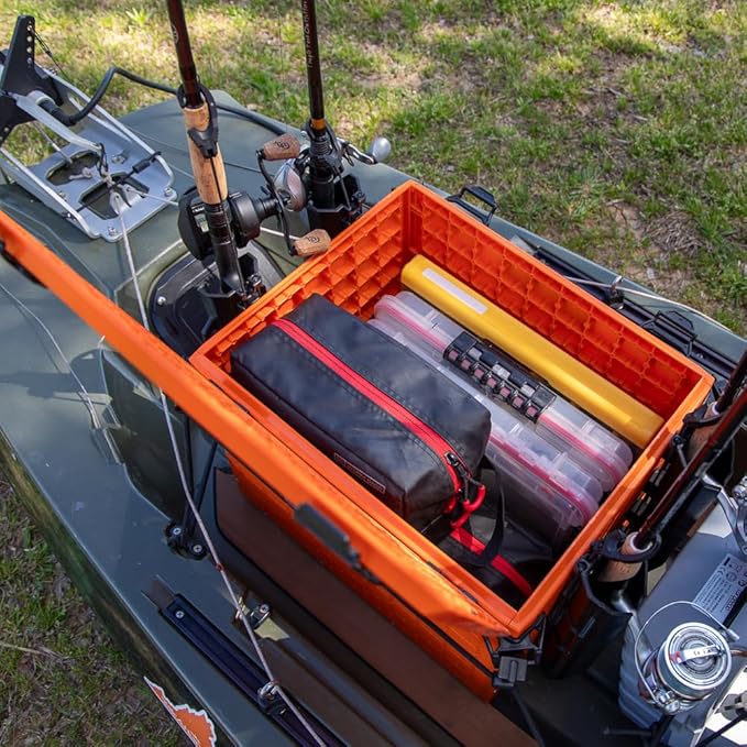YakAttack BlackPak Pro 13" x 16" Kayak Fishing Crate with 4 Rod Holders - Orange | Tackle Storage Box & Gear Organizer for Kayaks | Lightweight, Durable & Customizable Marine Accessory | Made in USA