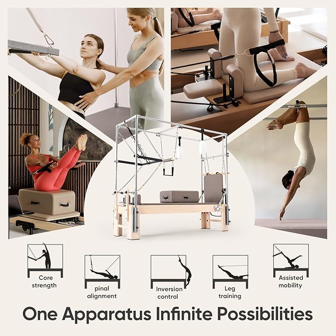 Pilates Reformer with Half Trapeze – Maple Wood Frame, Adjustable Resistance & Half Trapeze for Home Gym, Core Strength, Flexibility & Full-Body Workouts, Mocha