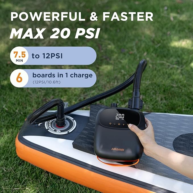 AIRBANK Paddle Board Pump Electric 20PSI The Puffer Pro, Portable SUP Pump, Dual-Stage Inflation & Auto-Off Air Pump for Stand up Paddle Boards, Kayak, Inflatables, Boats, Tent, Kite Wings