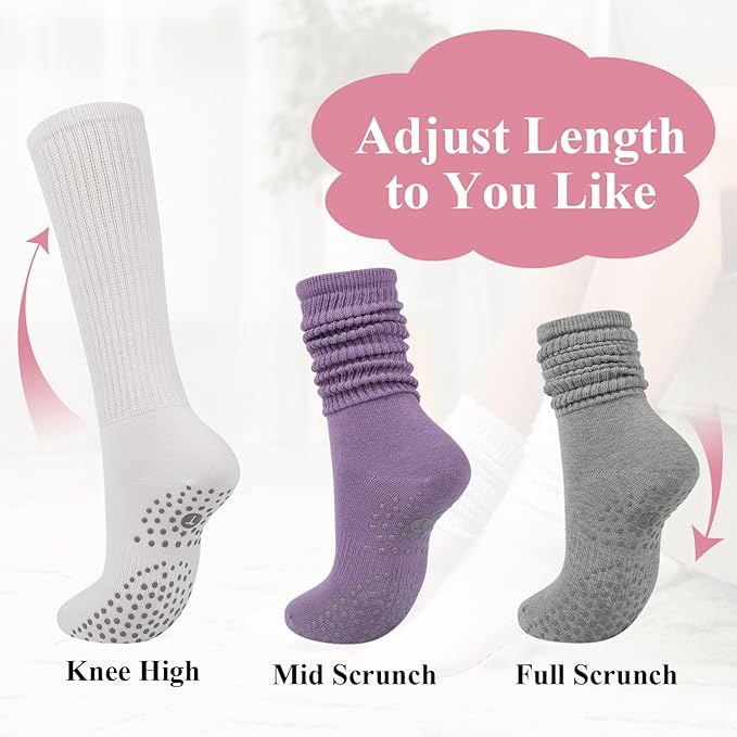 Grip Pilates Socks for Women, Yoga Slouch Socks with Grip for Barre Workout Hospital Long Scrunch Slipper Socks